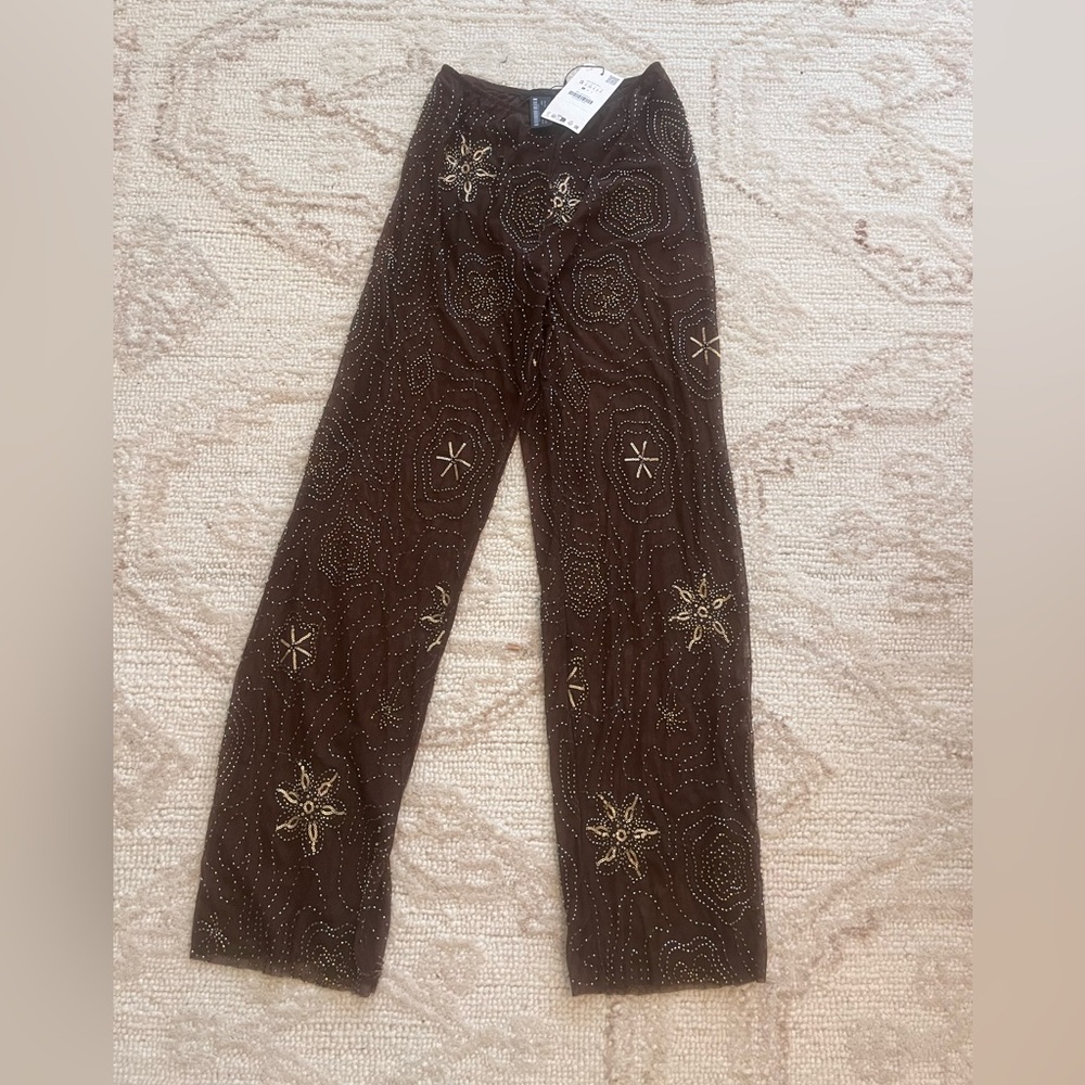 Zara Brown Beaded Sheer Pants